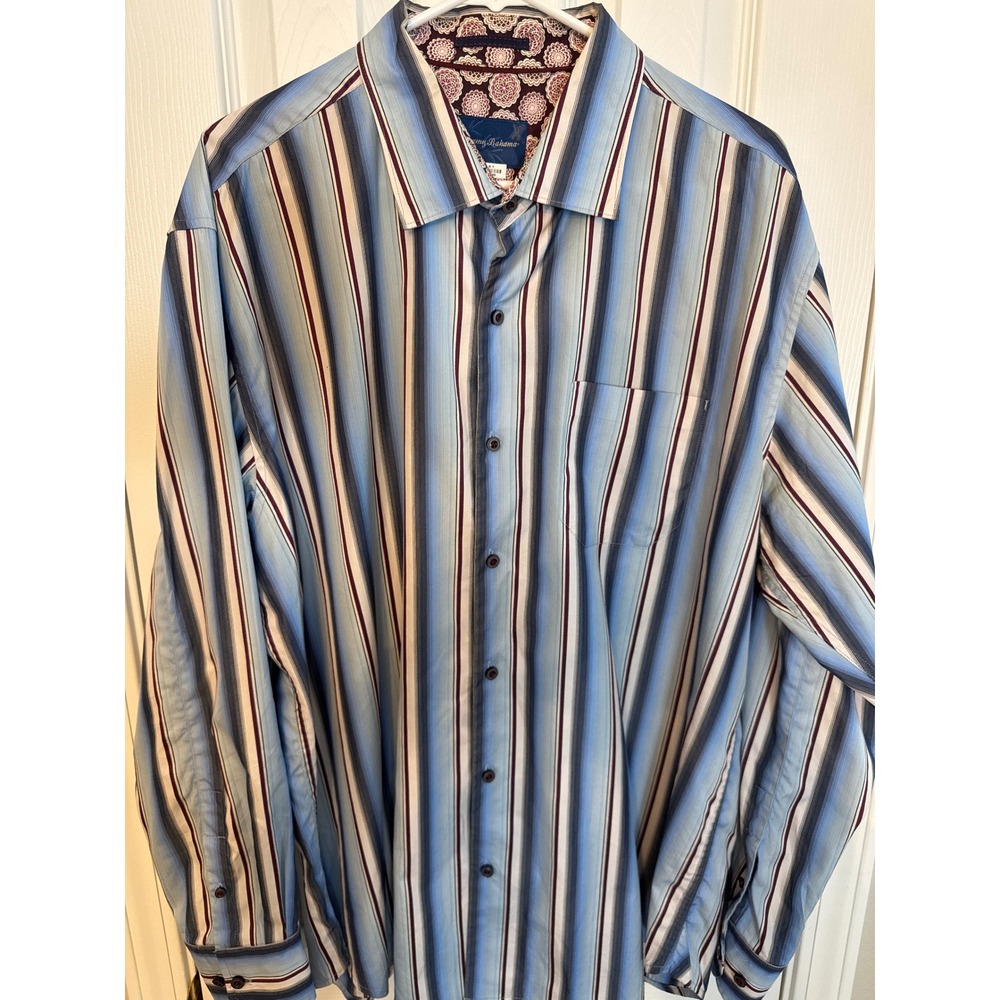 Tommy Bahama Mens XL Blue Striped Silk Blend Long Sleeve Button Down Shirt